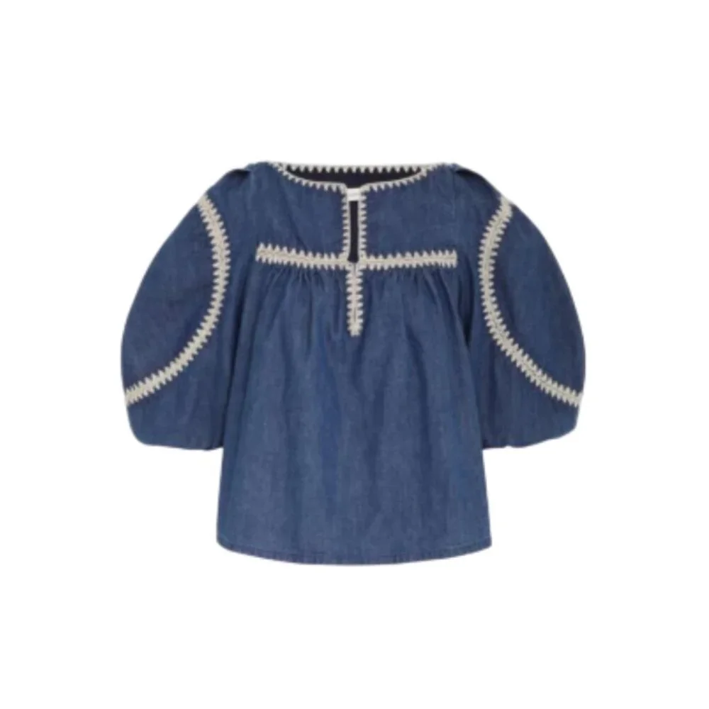 Zimmermann Chintz Denim Smock Top Shirt Blouse Womens 3 Large Blue Cotton Boho